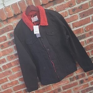 Men's Black Denim Jacket with Red Sherpa Lining